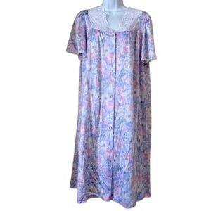 Vtg Lorraines Women Nightgown Robe Pink Floral & Lace Button-down Pocket M *read